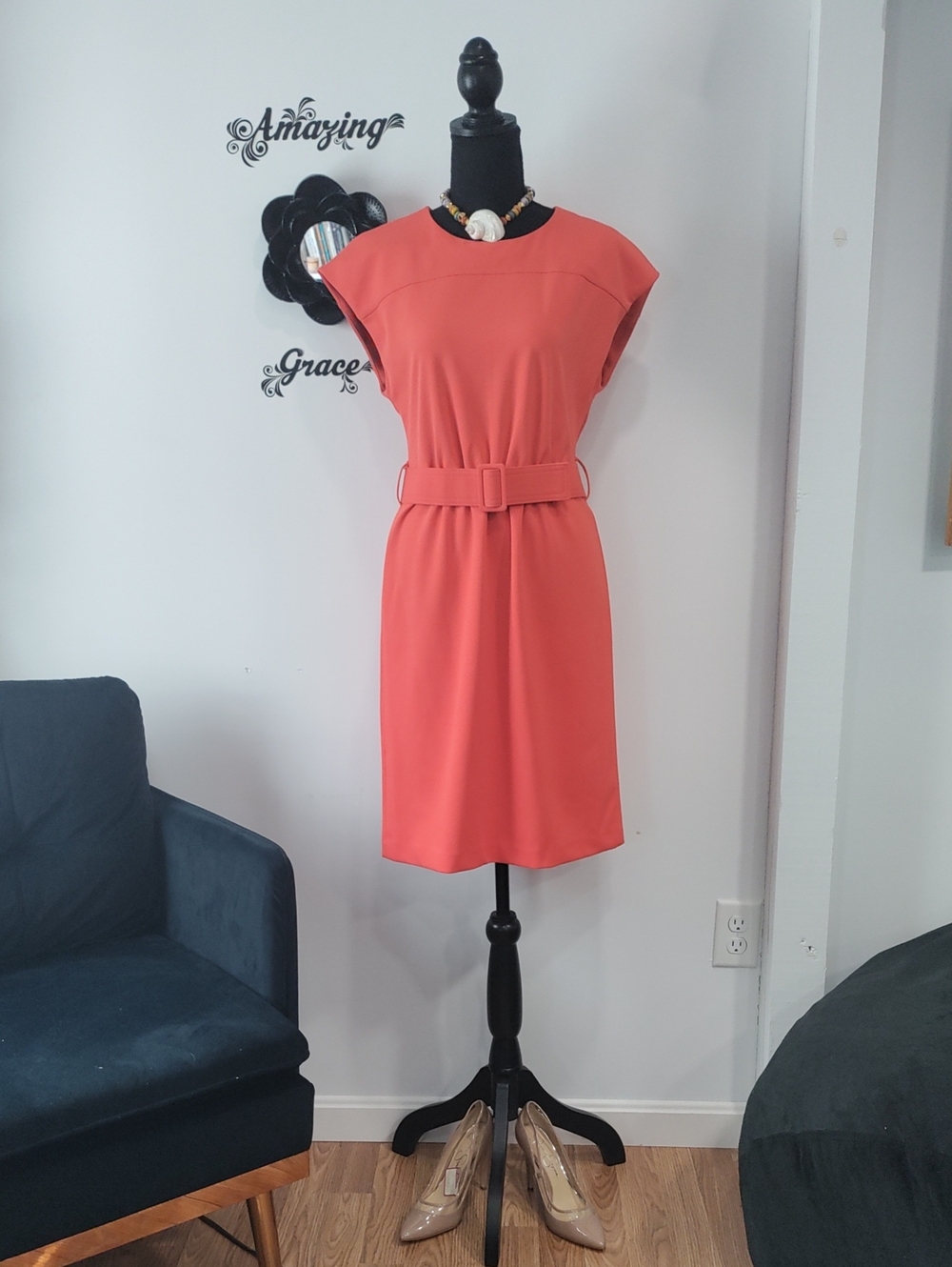 Calvin Klein Coral Belted Midi Dress
